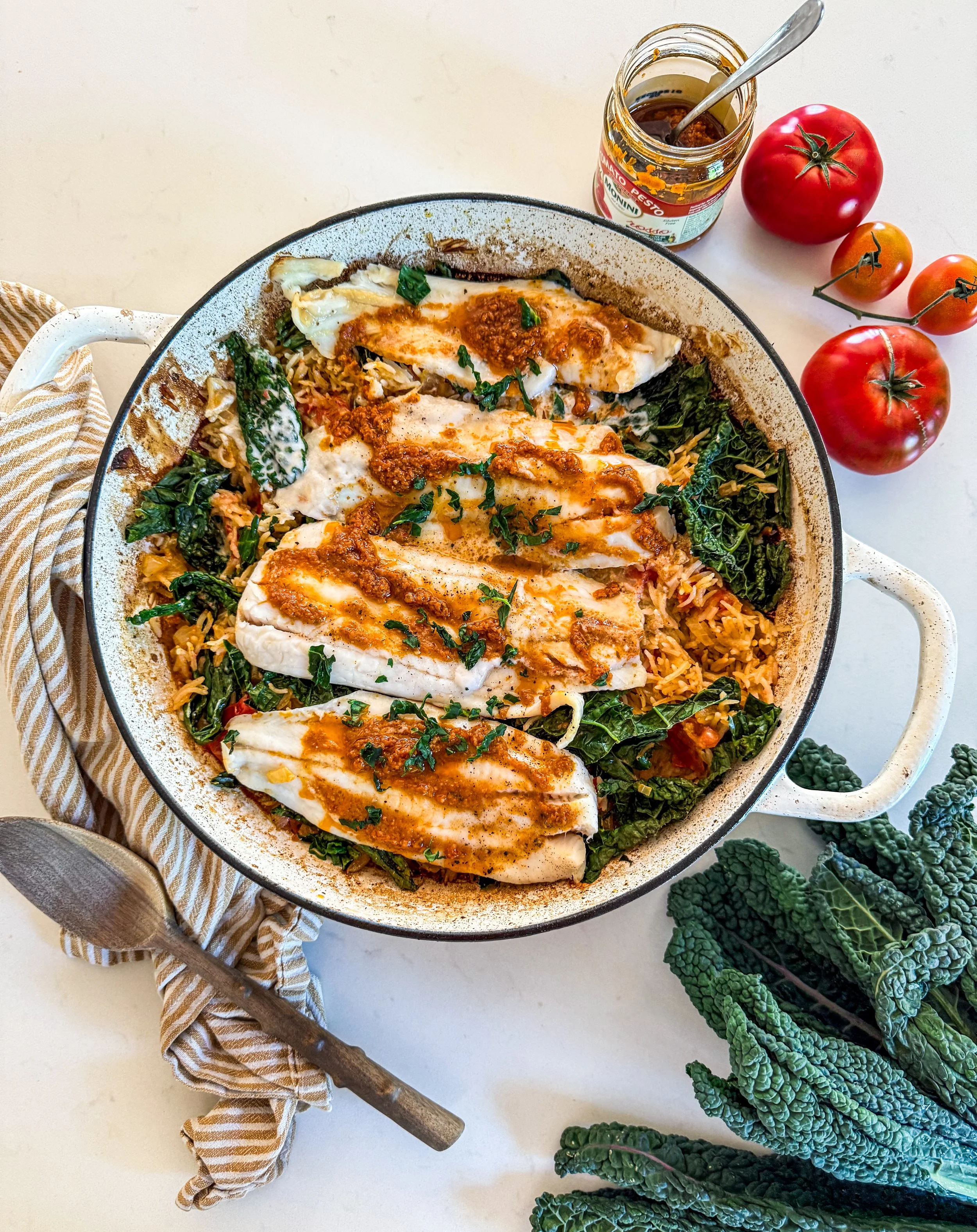 One-Pan Pesto Fish with Tomatoes and Greens