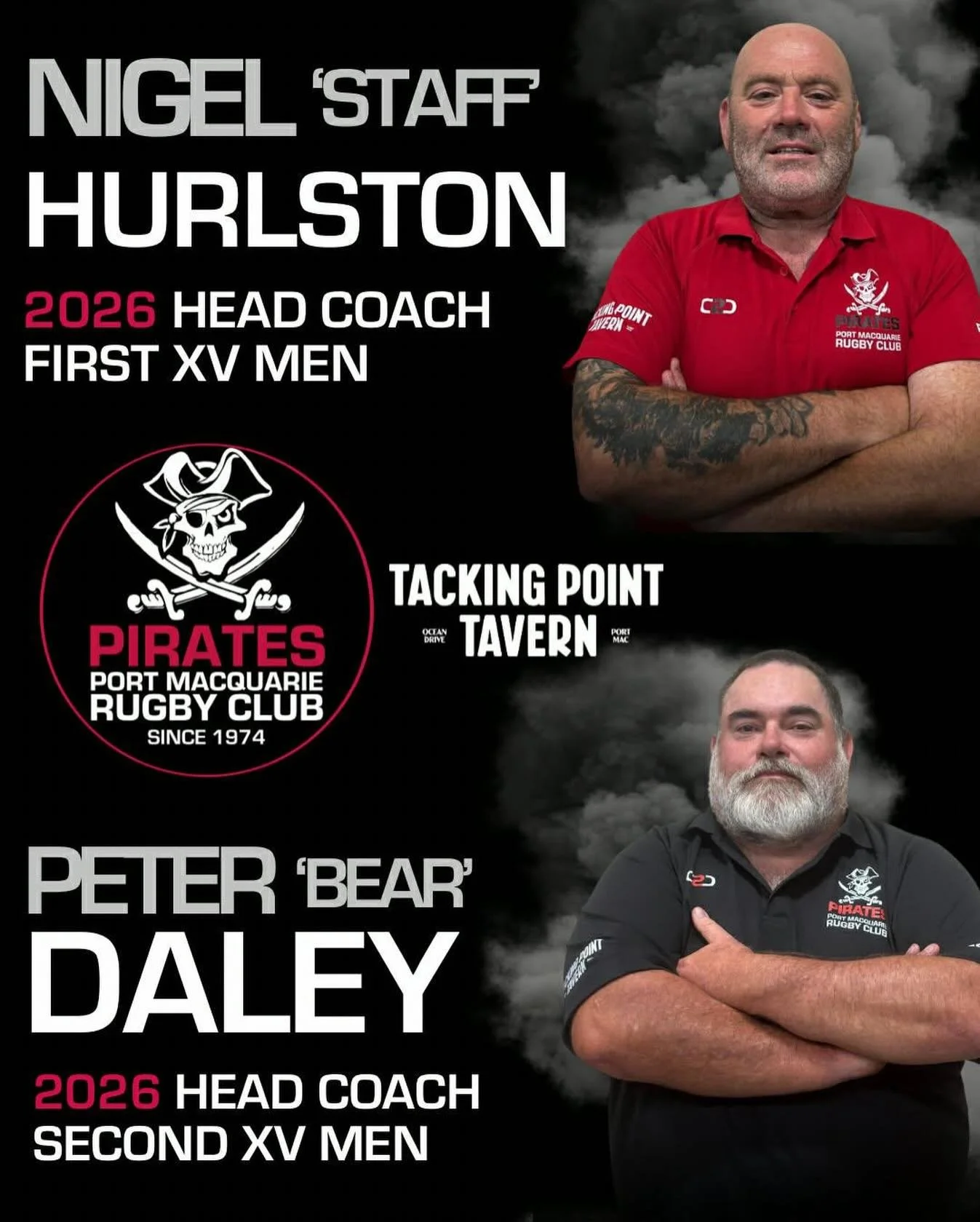 2026 COACHING ANNOUNCEMENT 📣 💀

First XV Men - Nigel Hurlston 
Second XV Men - Peter Daley 

THEY GO AGAIN! 🔥 The dream team, Staff &amp; Bear back at it again in 2026 to lead our men through another massive season of Pirates rugby 🏴&zwj;☠️

Chri
