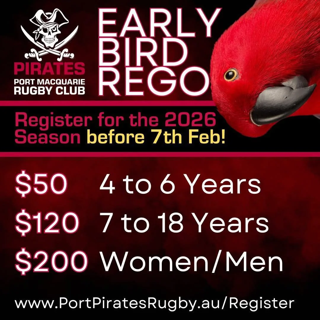 EARLY BIRD REGISTRATIONS CLOSE IN 8 DAYS! 🏴&zwj;☠️

Pirates Port Macquarie Rugby Club &ndash; Season 2026

💪🏽PRESEASON TRAINING STARTS
 ▶Men and Women: from 3rd Feb
 ▶Juniors: from 2nd Feb (team dependent)

🏉SEASON STARTS
 ▶Men, Women and Juniors
