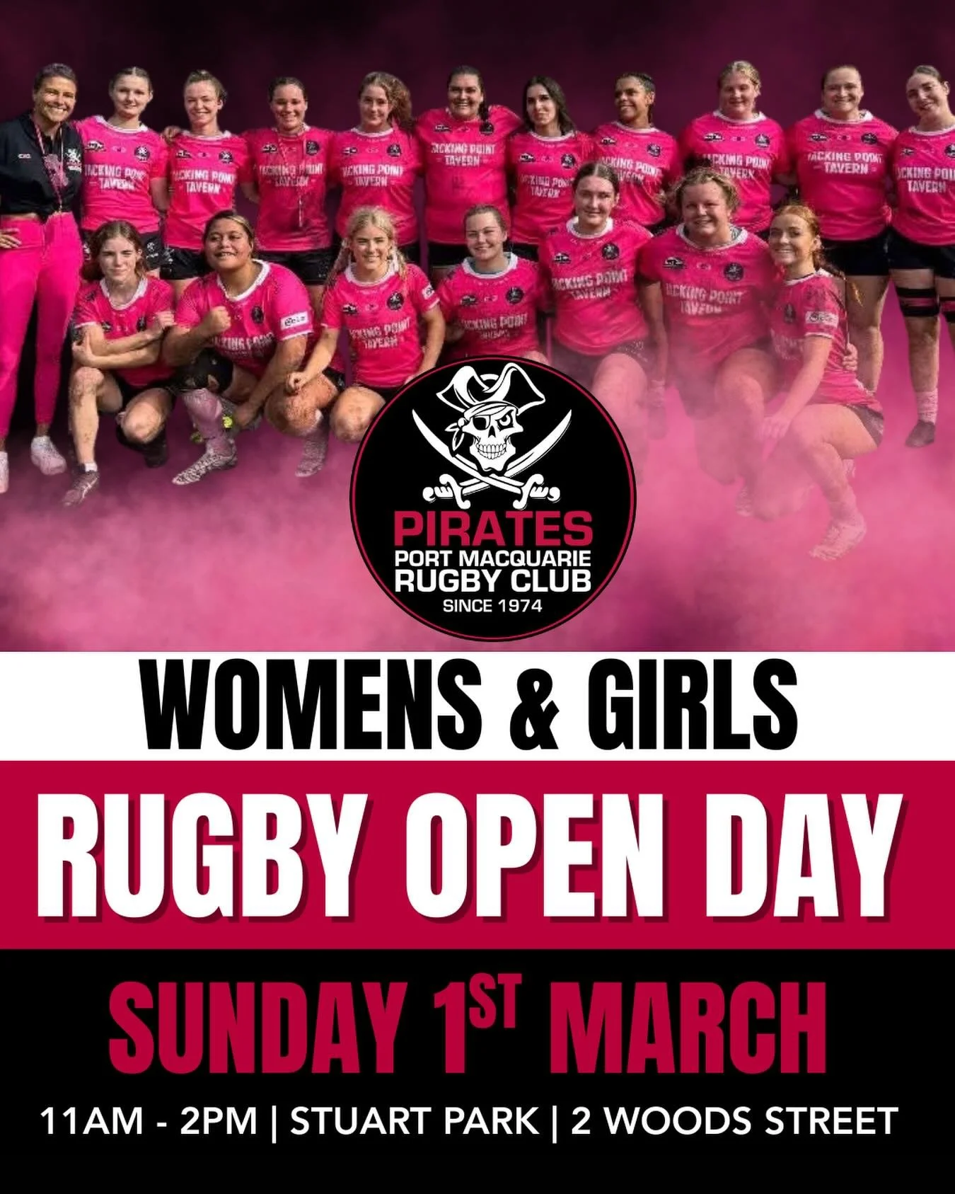 🏴&zwj;☠️ 🩷 Woman&rsquo;s and Girls Rugby Open Day
🗓️ Sunday 1st March
⏰ 11-2pm
📍Stuart Park | 2 Woods Street PMQ 
🏉 New and returning players from U/14&rsquo;s - Women&rsquo;s

What you can expect on the day:

Meet the U/14&rsquo;s - Women&rsquo