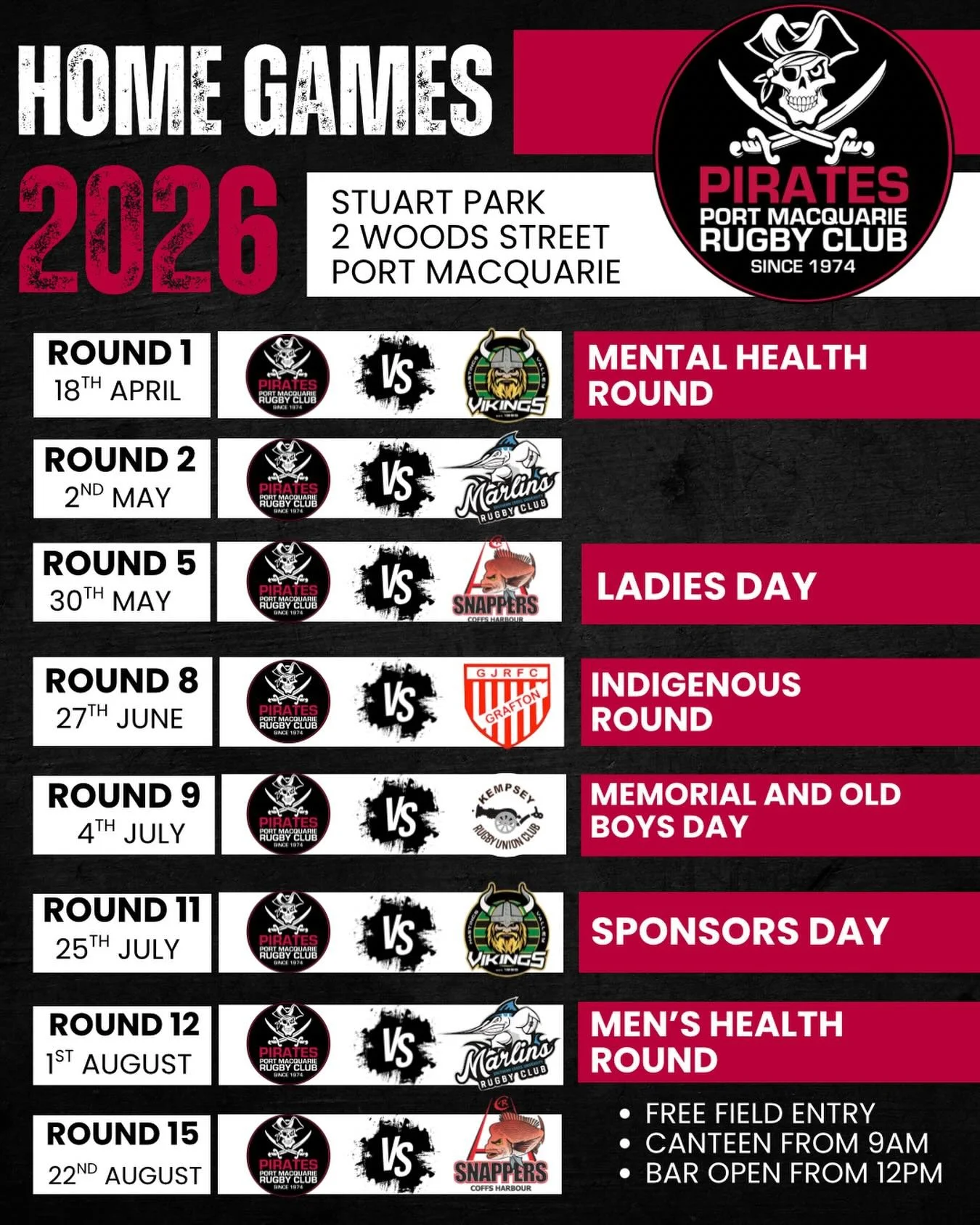 2026 HOME GAMES / EVENTS 📣

Save the date! 🏴&zwj;☠️

We have big things in store this year for our home games 🔥

- 🎶 DJ&rsquo;s / live entertainment 
- 🍻 Bar and canteen fully stocked 
- 📺 Live sport TVs in the clubhouse 
- 🏉 Exhibition matche