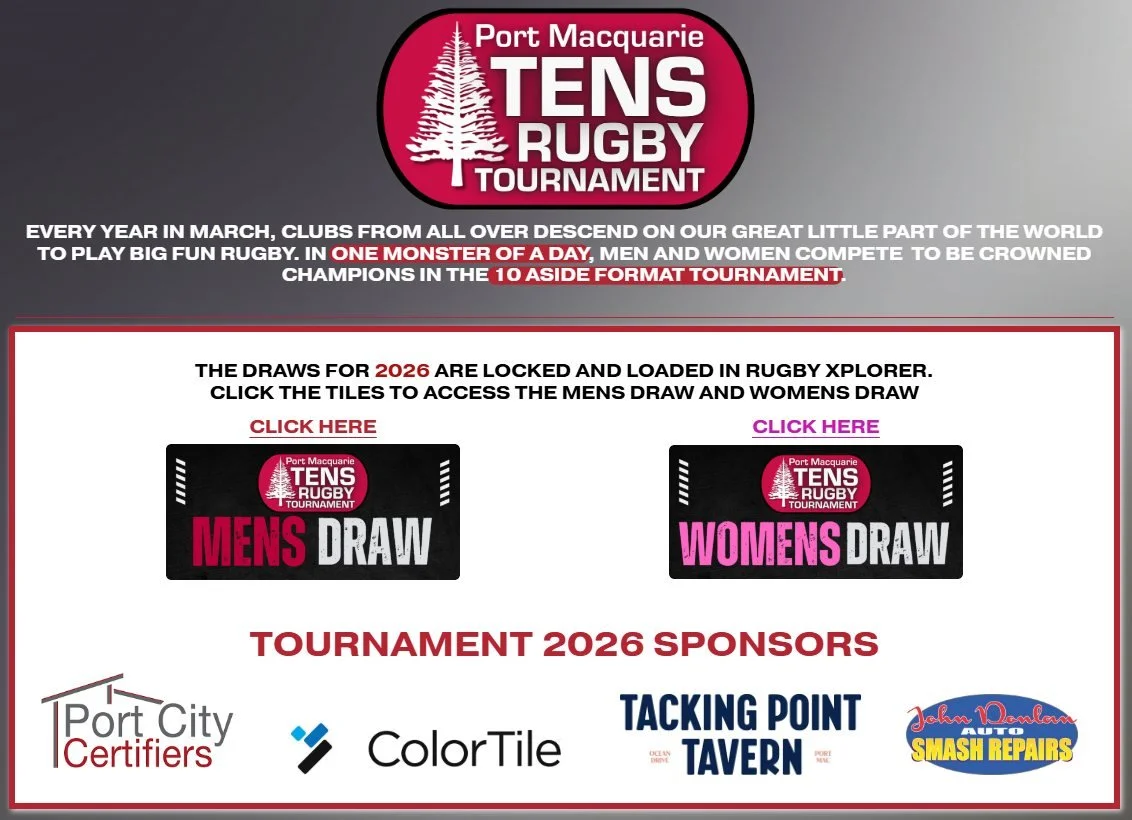 🔥🏉 THE 2026 PORT MACQUARIE TENS DRAWS 14th MARCH! 🏉🔥

3 Fields | Games All Day from 9AM to 5PM | Canteen | Bar | DJ Cole

The wait is over&hellip; the 2026 Port Macquarie Tens Rugby Tournament draws are officially locked and loaded in Rugby Xplor