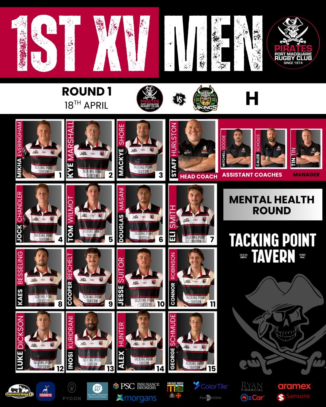 ROUND 1 LINE UPS 🫡

📅 Saturday 18th April 
🏉 Pirates v Vikings 
📍 Stuart Park, 2 Woods Street
⏰ Games from 11am 
🚌 Courtesy bus to and from Pirate park &amp; @tackingpointtavern