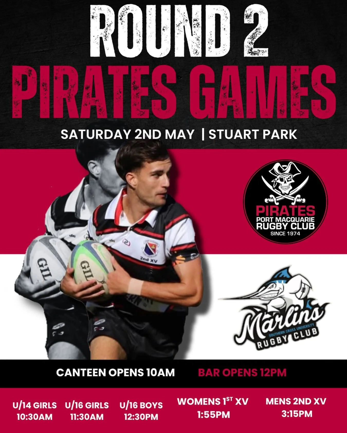 ROUND 2 💥 

📅 Saturday 2nd May
🏉 Pirates v Marlins
📍 Stuart Park, 2 Woods Street
⏰ Games from 10:30am 
🚌 Courtesy bus to and from Pirate park &amp; @tackingpointtavern