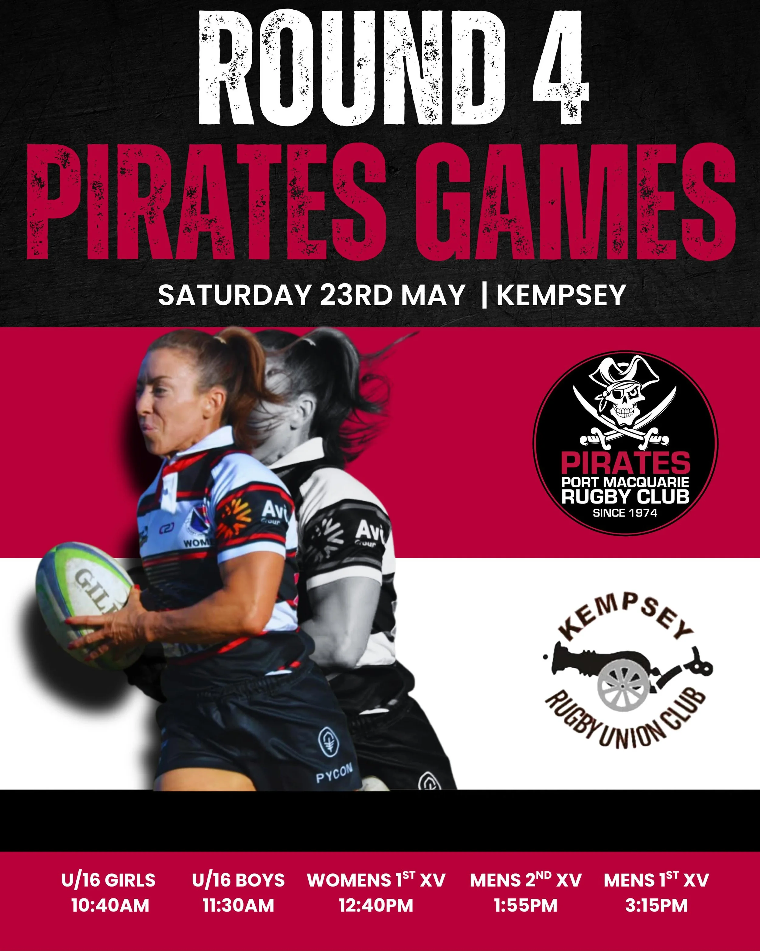 ROUND 4💥 

📅 Saturday 23rd May
🏉 Pirates v Kempsey
📍Crescent Head 
⏰ Pirates Games from 10:40am