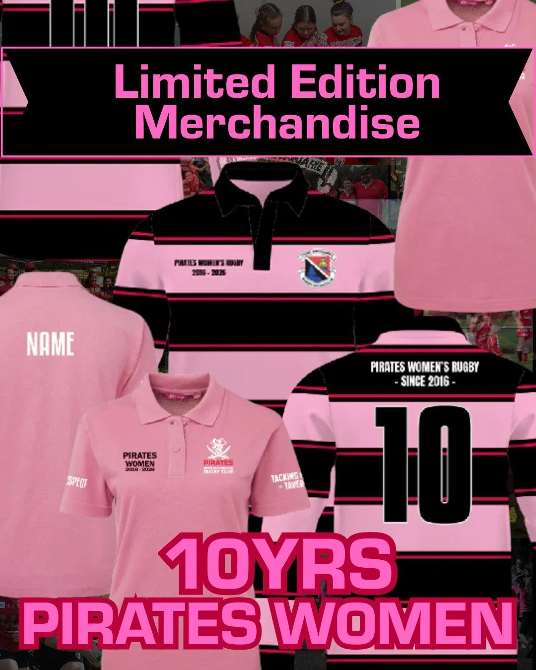 Head to the C2C website now and secure your limited edition rugby jersey or polo to celebrate 10 magic years of Pirates Women Rugby in 2026. 

https://c2csport.com.au/collections/port-macquarie-pirates-merchandise

Orders for the rugby jersey close o
