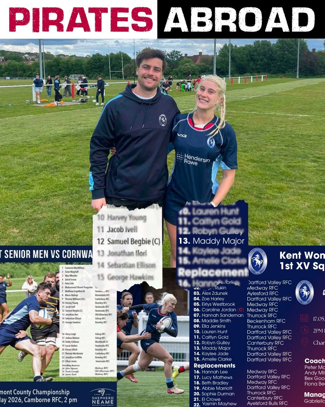 Sam and Maddy playing on the otherside of the world for Kent Rugby. ☠💞

Sam is captain for Kent Rugby in the upcoming County Championship match this weekend and Maddy received player of the match in her game for Kent against Surrey.

Look after them