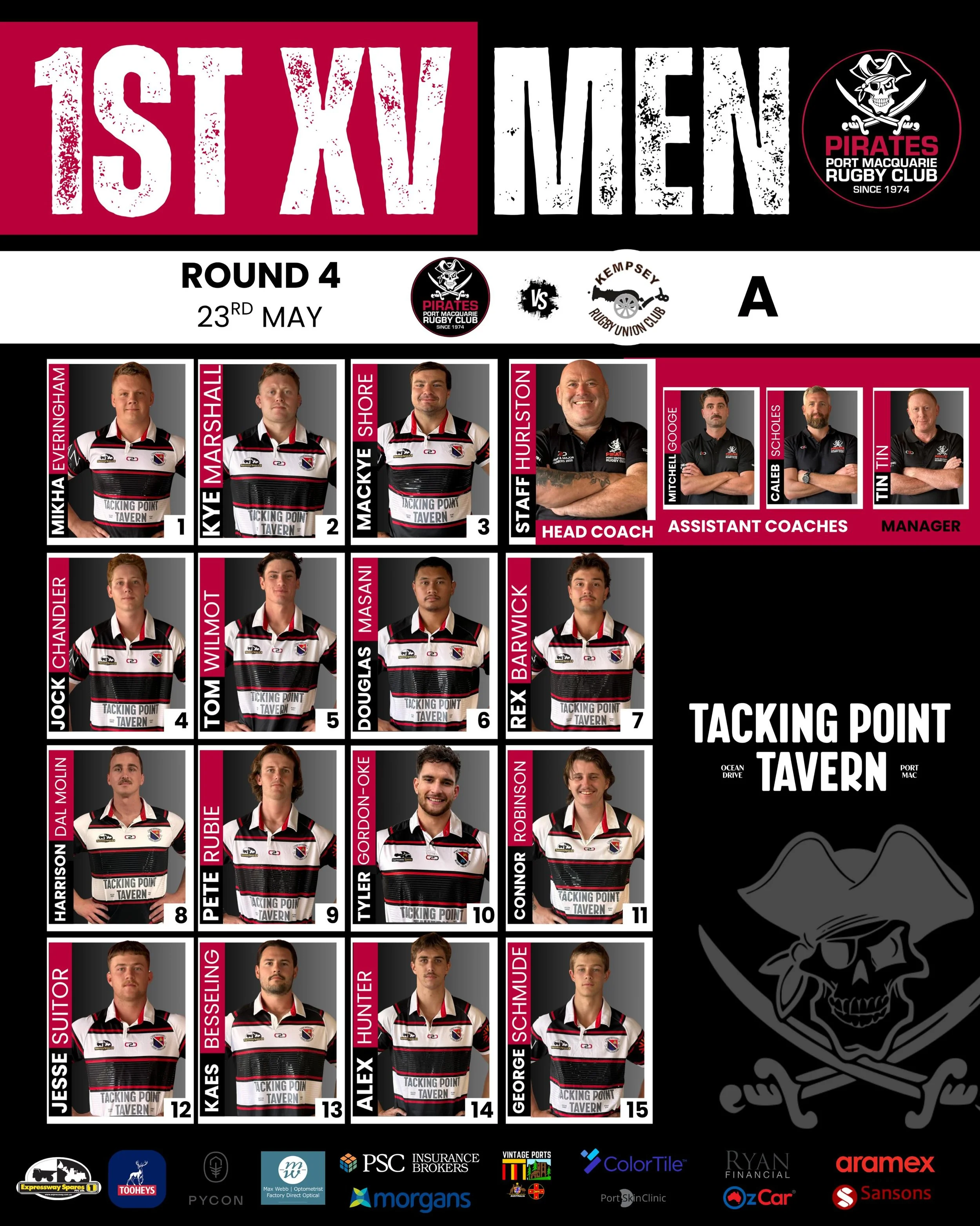 ROUND 4 LINE UPS 🫡

📅 Saturday 23rd May
🏉 Pirates v Kempsey
📍Crescent Head 
⏰ Pirates Games from 10:40am