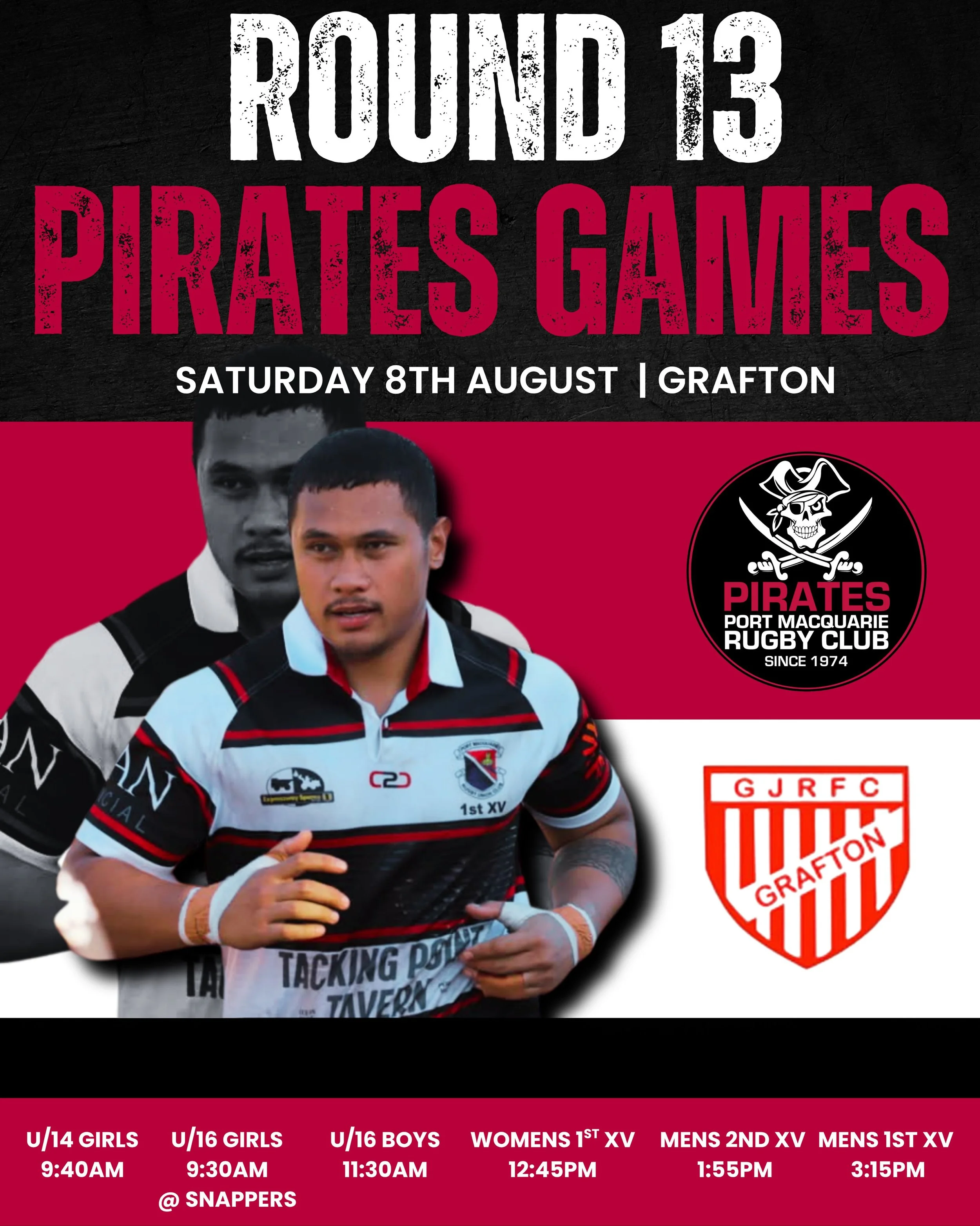 ROUND 13💥 

🏴&zwj;☠️ Pirates v Grafton 
🗓️ Saturday 8th August 
⏰ Games from 9:40am 
📍 Grafton (U/16 Girls - Coffs Harbour)