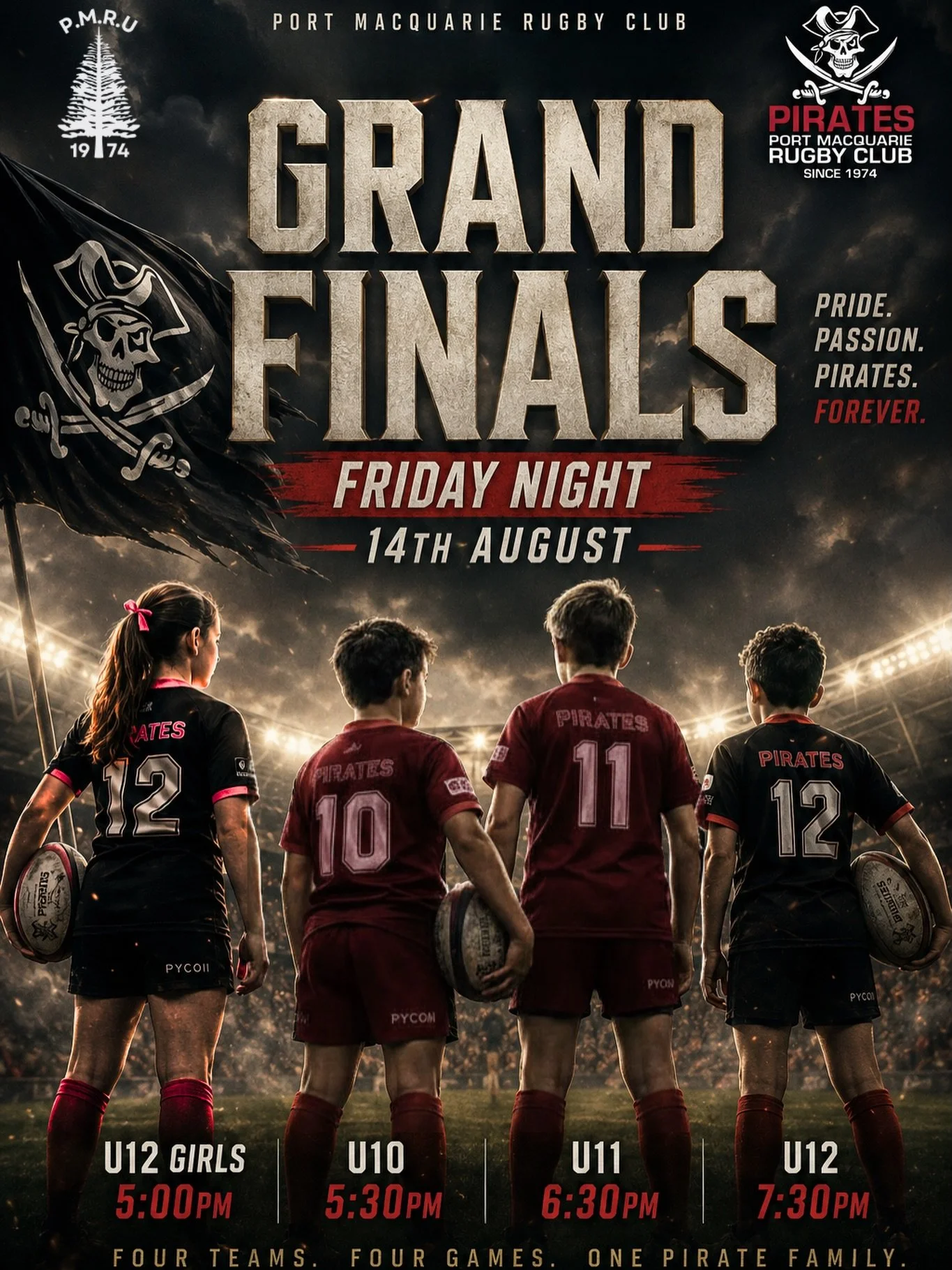 FRIDAY NIGHT GRAND FINALS 
14TH AUGUST

We have 4 Pirates Teams in all 4 Grand finals 🏴&zwj;☠️👊

🏆 U12 GIRLS &bull; 5:00PM 🏆 U10 &bull; 5:30PM 🏆 U11 &bull; 6:30PM 🏆 U12 &bull; 7:30PM

If you are part of this club then this is the time to come s