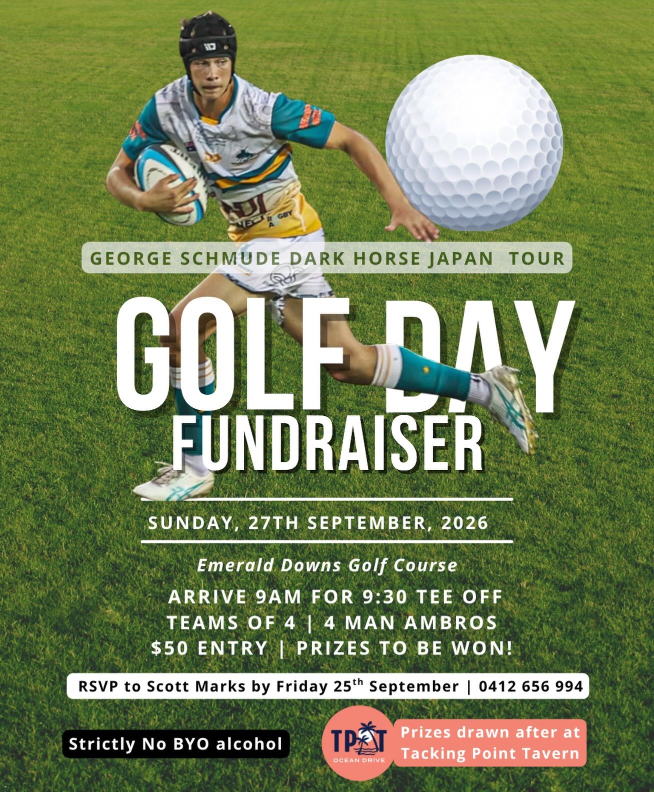 GOLF DAY FUNDRAISER ⛳️ 

George Schmude - Stockman Rugby Dark Horse Japan Tour 🏉 🐎 🇯🇵 

Grab some mates, dust off your uncle&rsquo;s old clubs and join us for a day of golf in support of one of our own. George Schmude heads to Japan in October to
