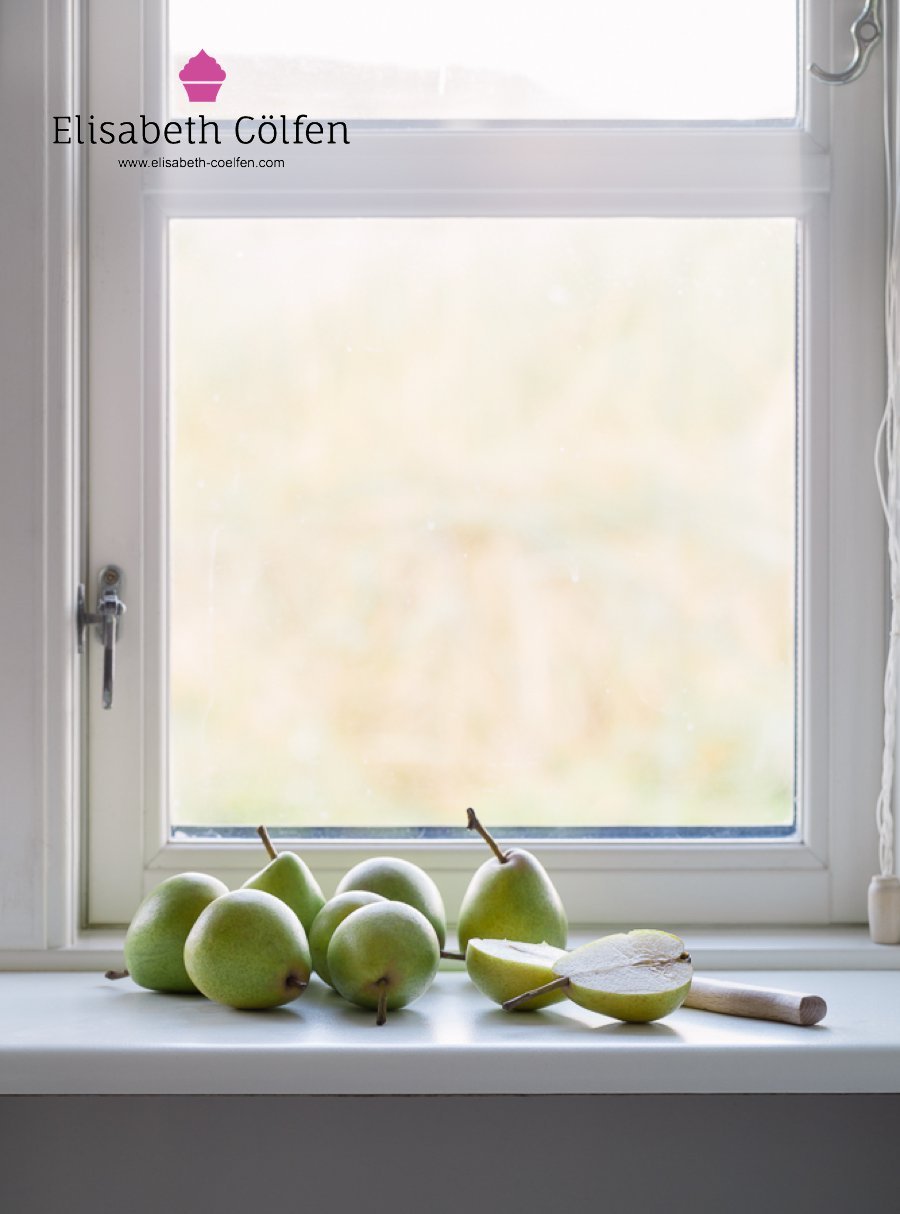 Wooden window with local pears