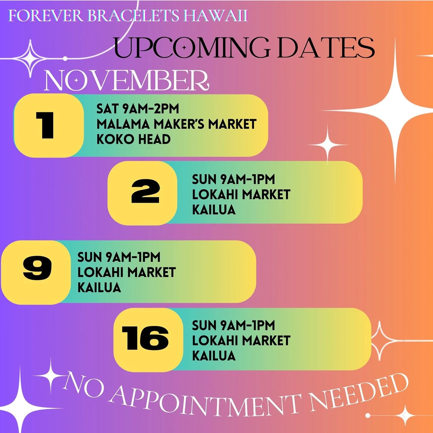 NOVEMBER MARKETS!
1 Saturday @malamahawaiimarket Hawaii Kai 9-2 Koko Head Elementary School

2 Sunday  @lokahi_kailua_market 9-1 Kailua 

9 Sunday @lokahi_kailua_market 9-1 Kailua 

16 @lokahi_kailua_market 9-1 Kailua