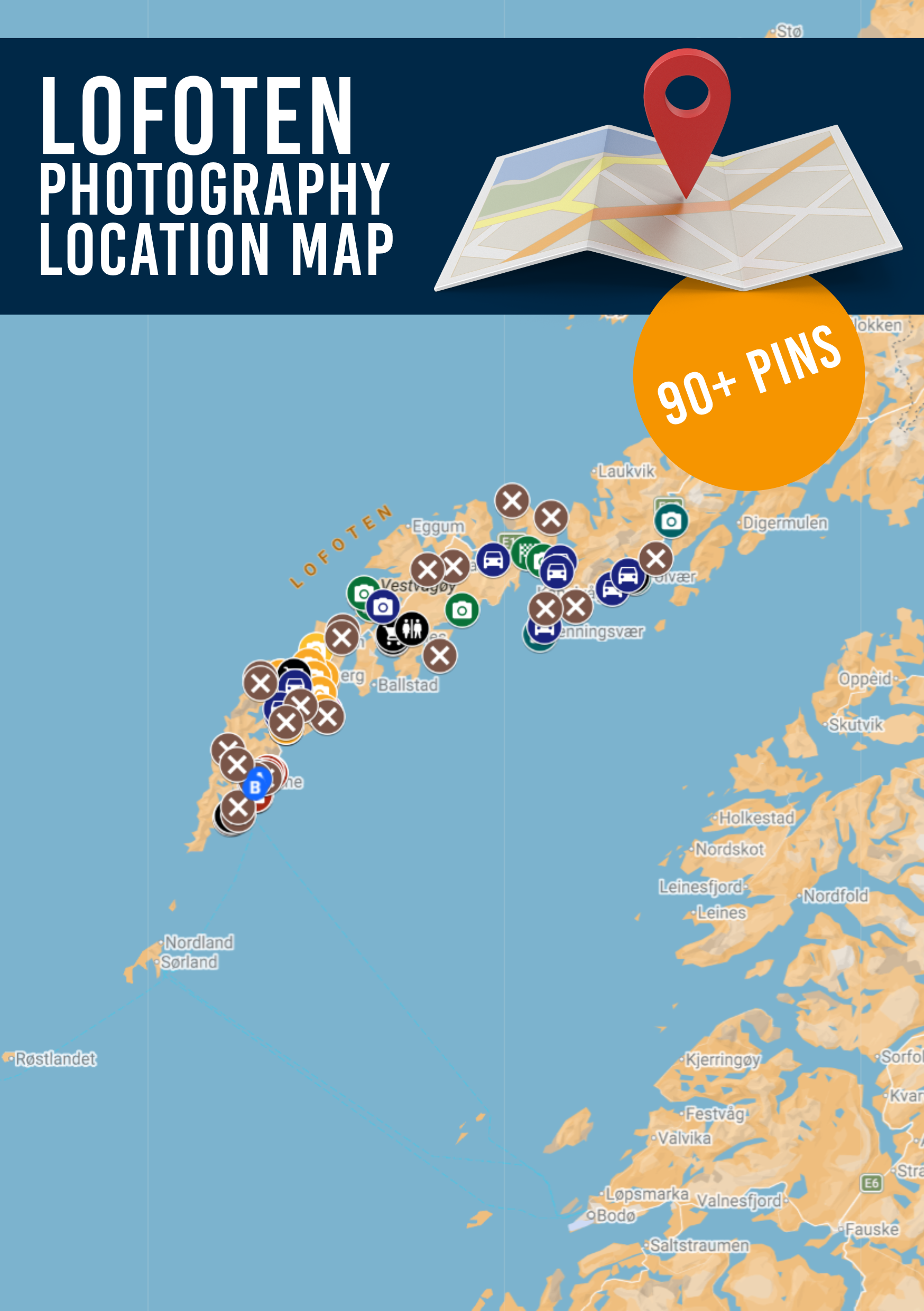 Map of Norway with icons marking photography locations, featuring a label for 'Lofoten Photography Location Map' and an orange circle highlighting '90+ Pins', overlaid on the map with a folded paper map and a red location pin icon.