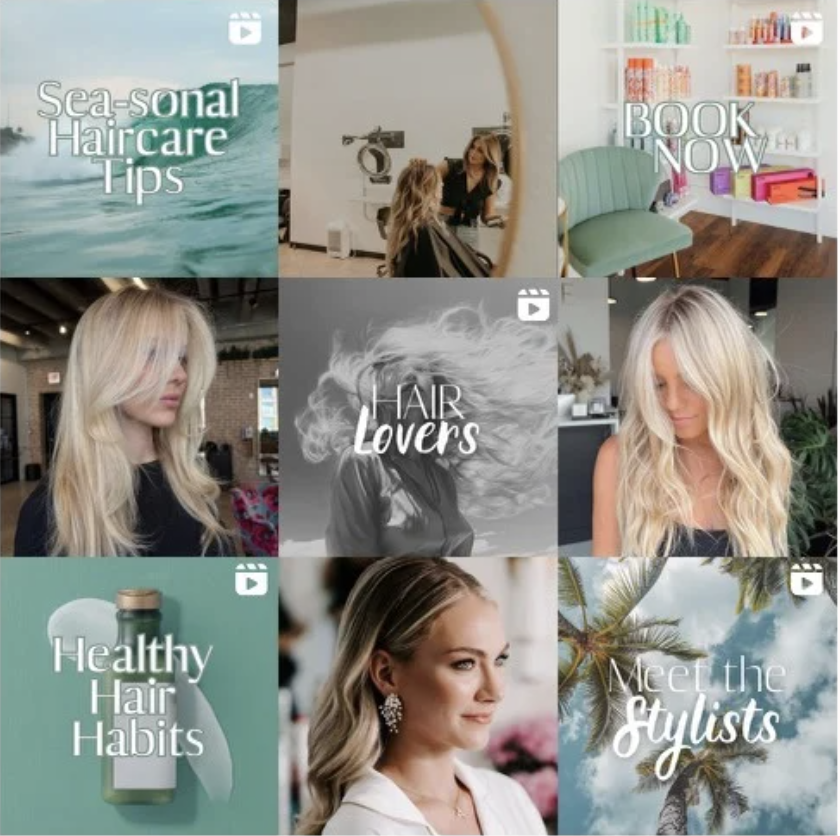 A collage of images featuring hair care tips, salon scenes, a bookshelf, women with styled hair, and palm trees with sky, with text overlays about sea-sonal haircare, booking appointments, hair lovers, healthy hair habits, and meet the stylists.