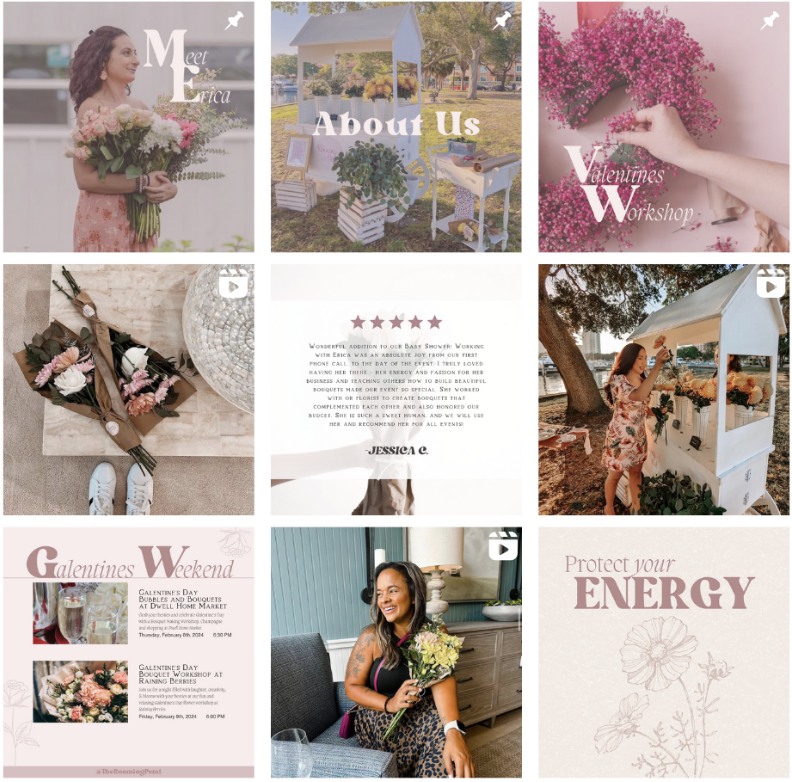 A collage of nine images featuring floral arrangements, outdoor market stalls, and women enjoying flowers and crafts, with text overlays about events like Valentine's Workshop, Galentine's Weekend, and promoting energy.