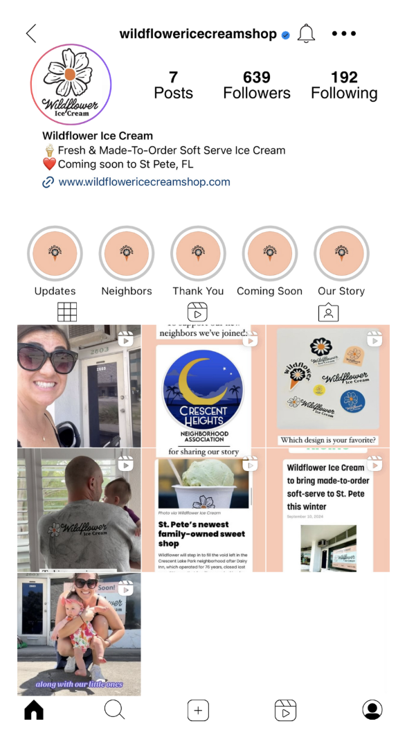 Instagram profile page for Wildflower Ice Cream, a soft serve ice cream shop in St. Pete, FL. Profile includes photos and videos of the shop, staff, and customers, along with posts about the shop's community involvement and new flavors.