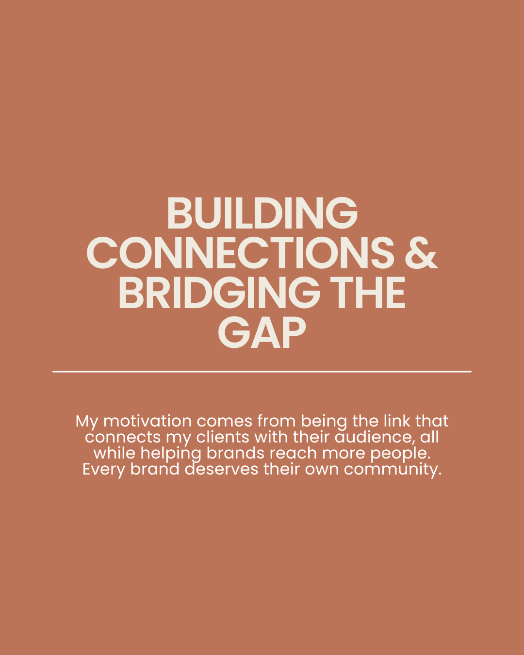 Cover page with the title 'Building Connections & Bridging the Gap' and a paragraph about being the link that connects clients with their audience to help brands reach more people.