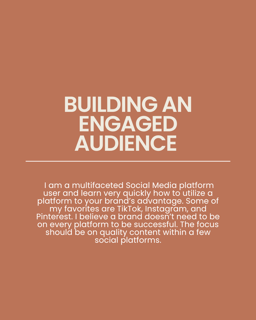 A presentation slide with a brown background titled 'Building an Engaged Audience', discussing social media platforms and content quality.