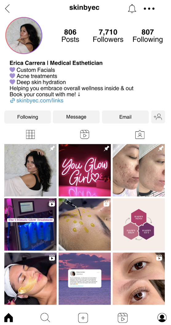 Instagram profile page of Erica Carrera, a medical esthetician. The profile shows her profile picture, follower, and post counts, a bio mentioning services like custom facials, acne treatments, deep skin hydration, and a link to her website. The grid displays images related to skincare treatments, including a woman with clear skin, neon sign saying 'You Glow Girl,' before-and-after skin improvement photos, a skincare treatment device, a facial treatment app, a facial with yellow serum, and close-up of eyes.