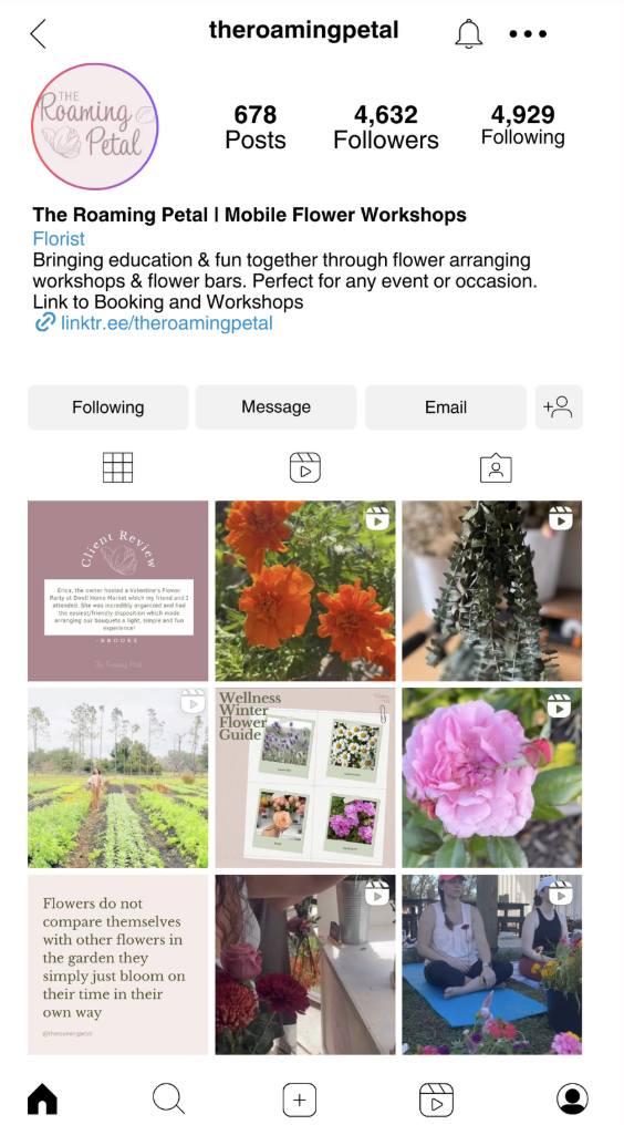 Screenshot of an Instagram profile called "The Roaming Petal" showing its bio about mobile flower workshops, with a grid of nine images including flowers, a woman working with flowers, and a card with flower quotes.