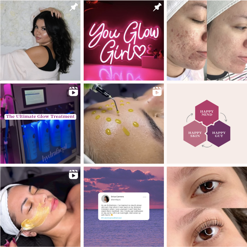 A collage featuring various skincare and beauty treatments, including a woman with dark hair, a neon sign that reads 'You Glow Girl,' before and after photos of skincare improvements, a glow treatment device, a facial with serum, an infographic of happy mind, skin, and gut connection, a woman receiving a facial, a sunset at the ocean with a social media post overlay, and close-up of a woman's eyes with long eyelashes.