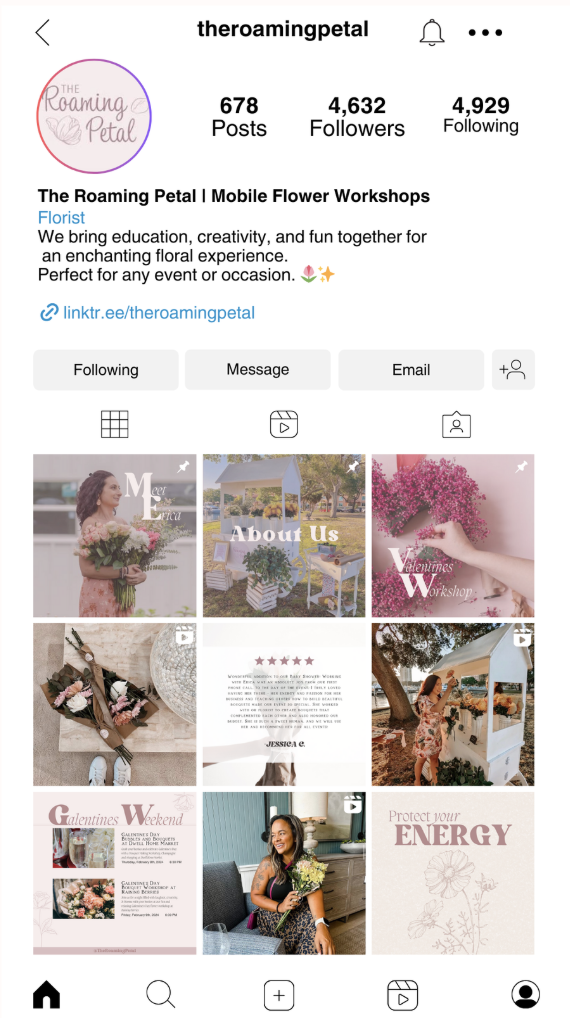 Instagram profile page of The Roaming Petal, a mobile flower workshop business. Profile includes a logo, follower stats, bio, and a grid of nine posts featuring floral arrangements, workshop scenes, and promotional content.
