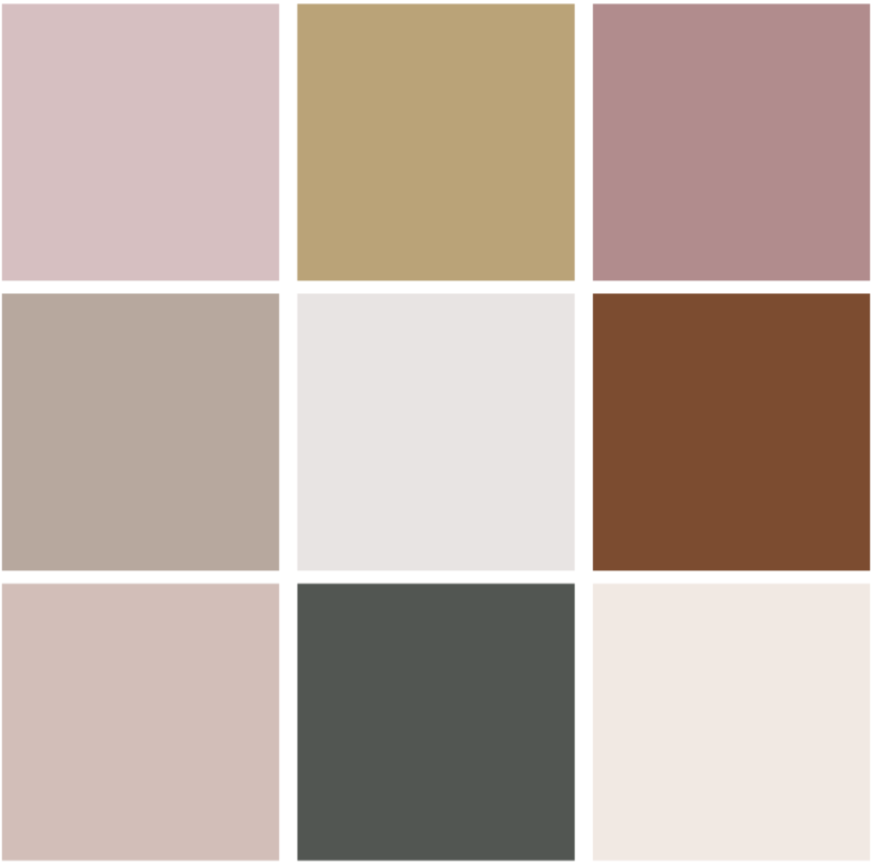 Nine pastel and neutral-colored squares arranged in a 3x3 grid, featuring shades of pink, tan, gray, white, and brown.