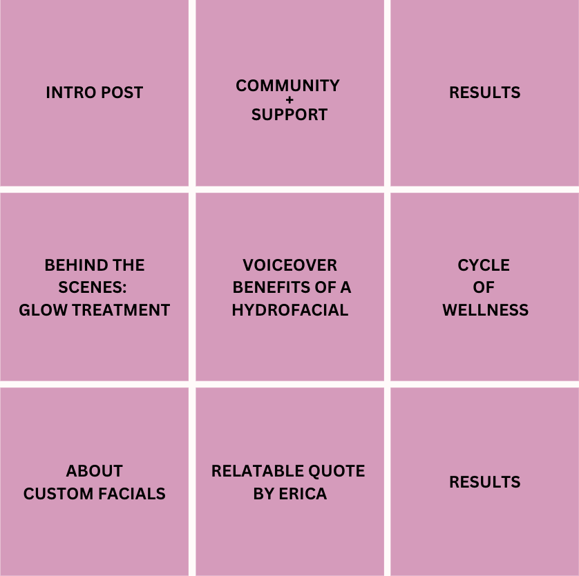 A pink grid with nine sections, each containing black text. The sections are titled: 'INTRO POST', 'COMMUNITY + SUPPORT', 'RESULTS', 'BEHIND THE SCENES: GLOW TREATMENT', 'VOICEOVER BENEFITS OF A HYDROFACIAL', 'CYCLE OF WELLNESS', 'ABOUT CUSTOM FACIALS', 'RELATABLE QUOTE BY ERICA', and 'RESULTS'.