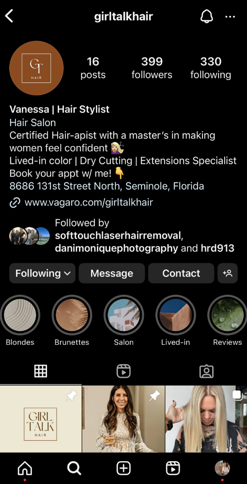 Instagram profile page for Girl Talk Hair, a hair salon run by Vanessa. The profile features a logo, photos of clients, and highlights for blondes, brunettes, salon, live-in, and reviews.