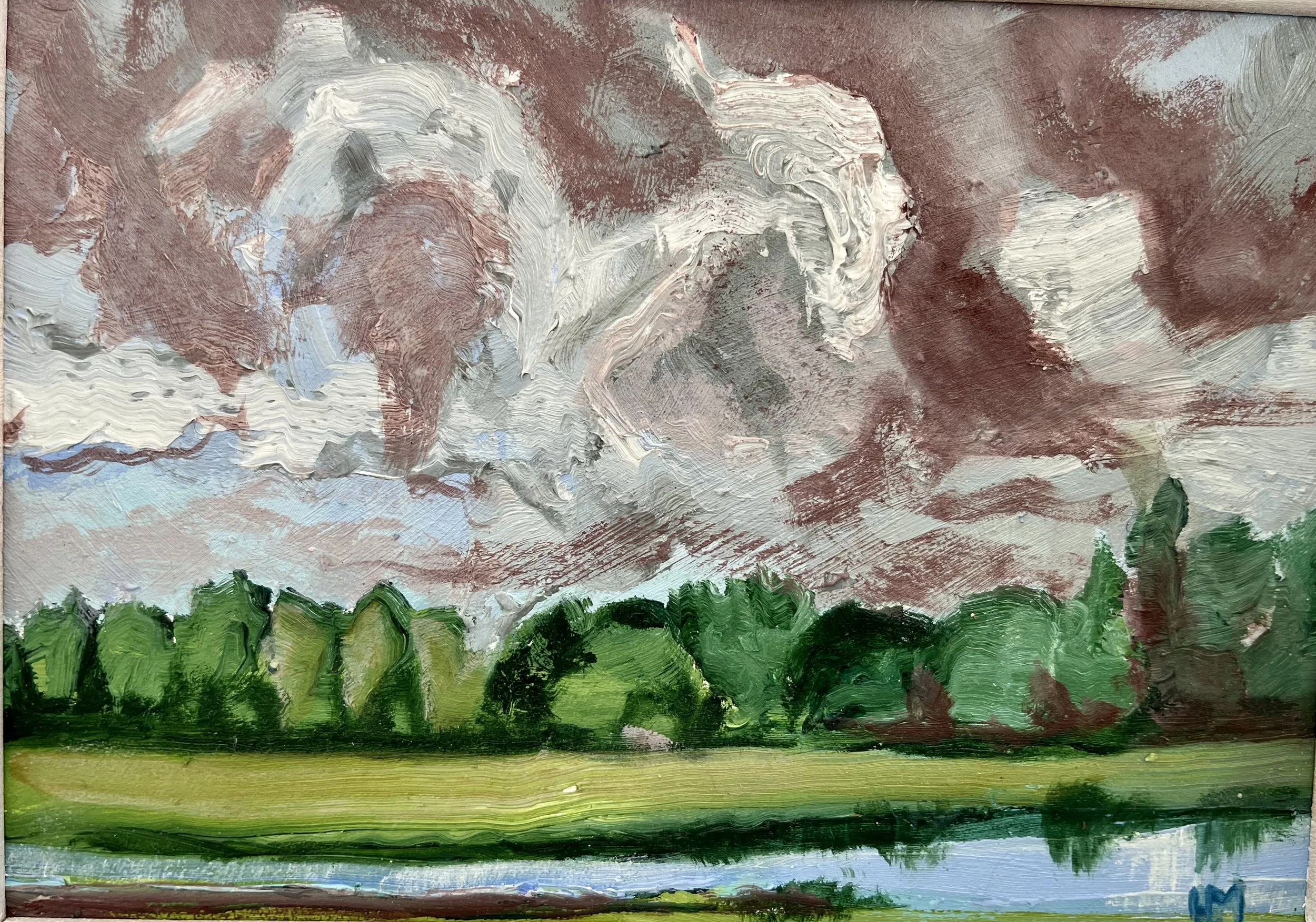 The original art oil painting shows a line of trees over a river with stormy clouds about in a deep maroon brown colour