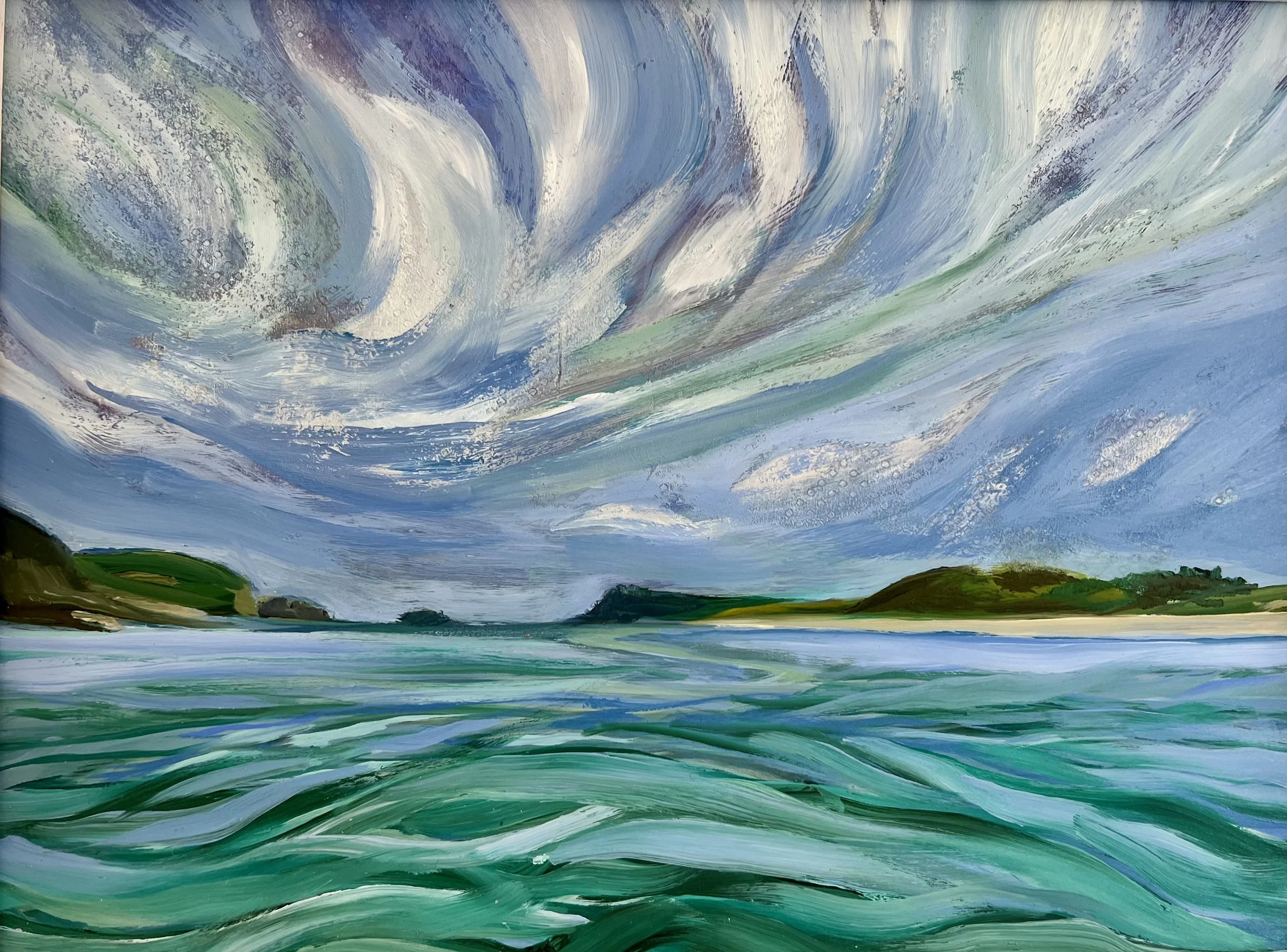 The original art oil painting image shows a whirling sky of clouds overtwo headlands and an island which is the view from the Camel estuary at Daymer Bay