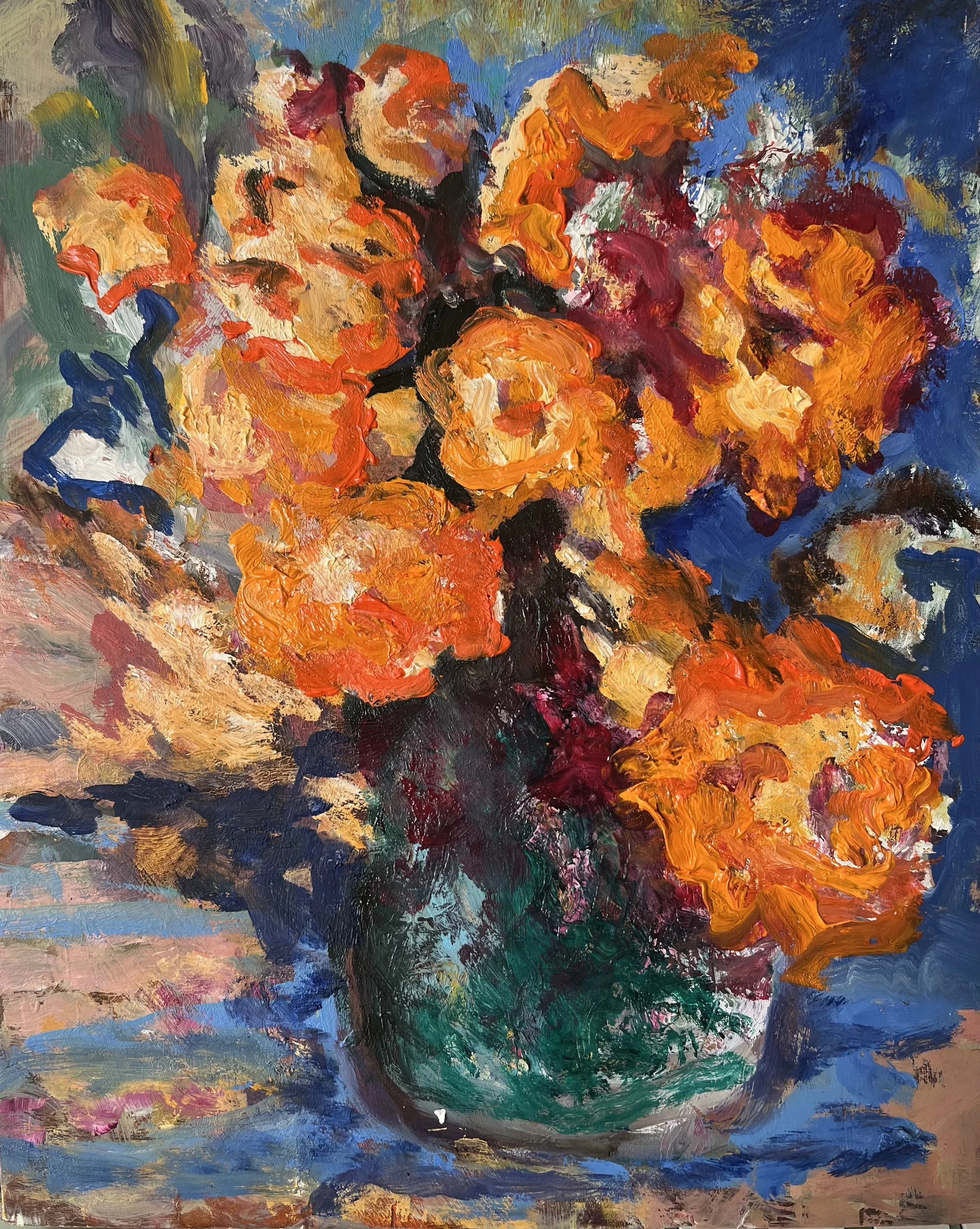 The image shows an original art still life oil painating of a green vase containing orange flowers on a blue background