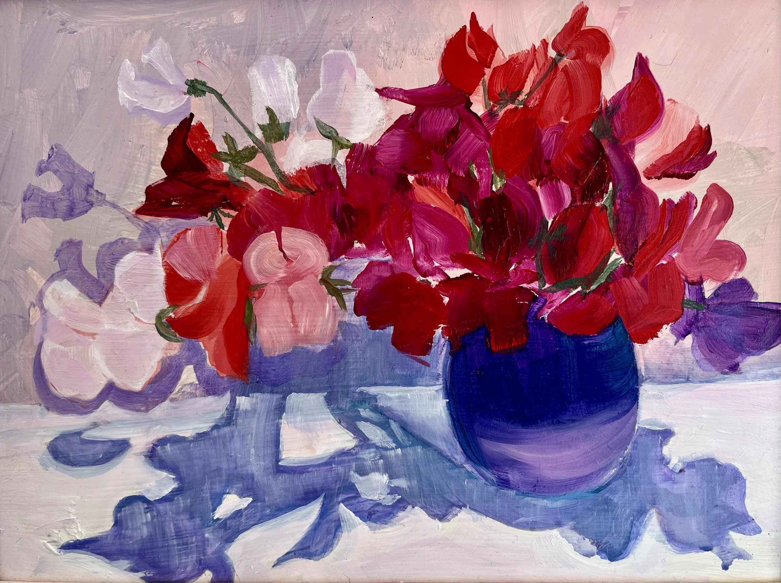 The original art oil painting shows a puirple vase of red sweet pea flowers with a blue sprawling shadow on a pink background