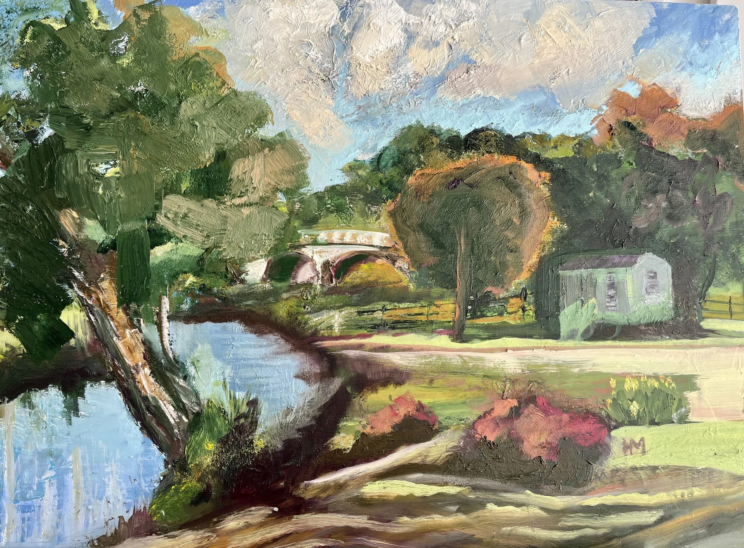 The original art oil painting shows a bridge over a river with a tree in the foreground and a shepherds hut to the right.