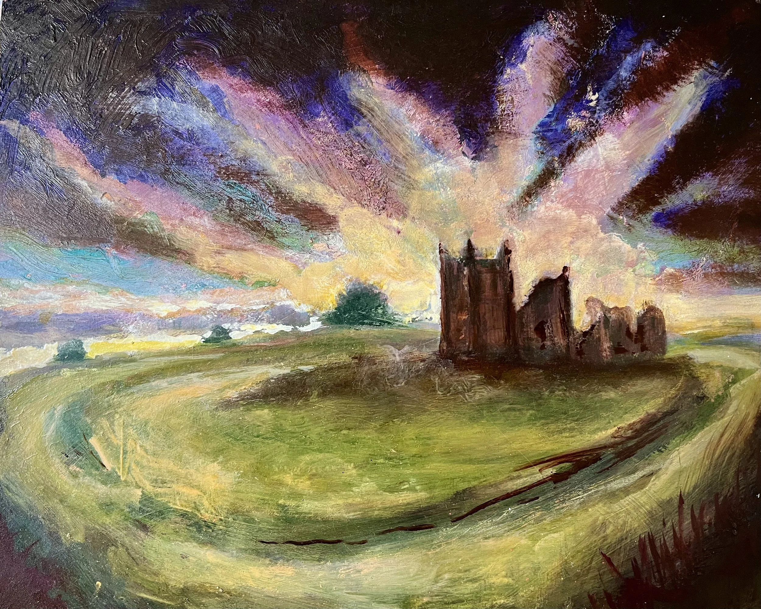 The original art oil painting shows a ruined church in a henge under a stormy sky. The church is Knowlton Church on the Cranborne Chase in Dorset
