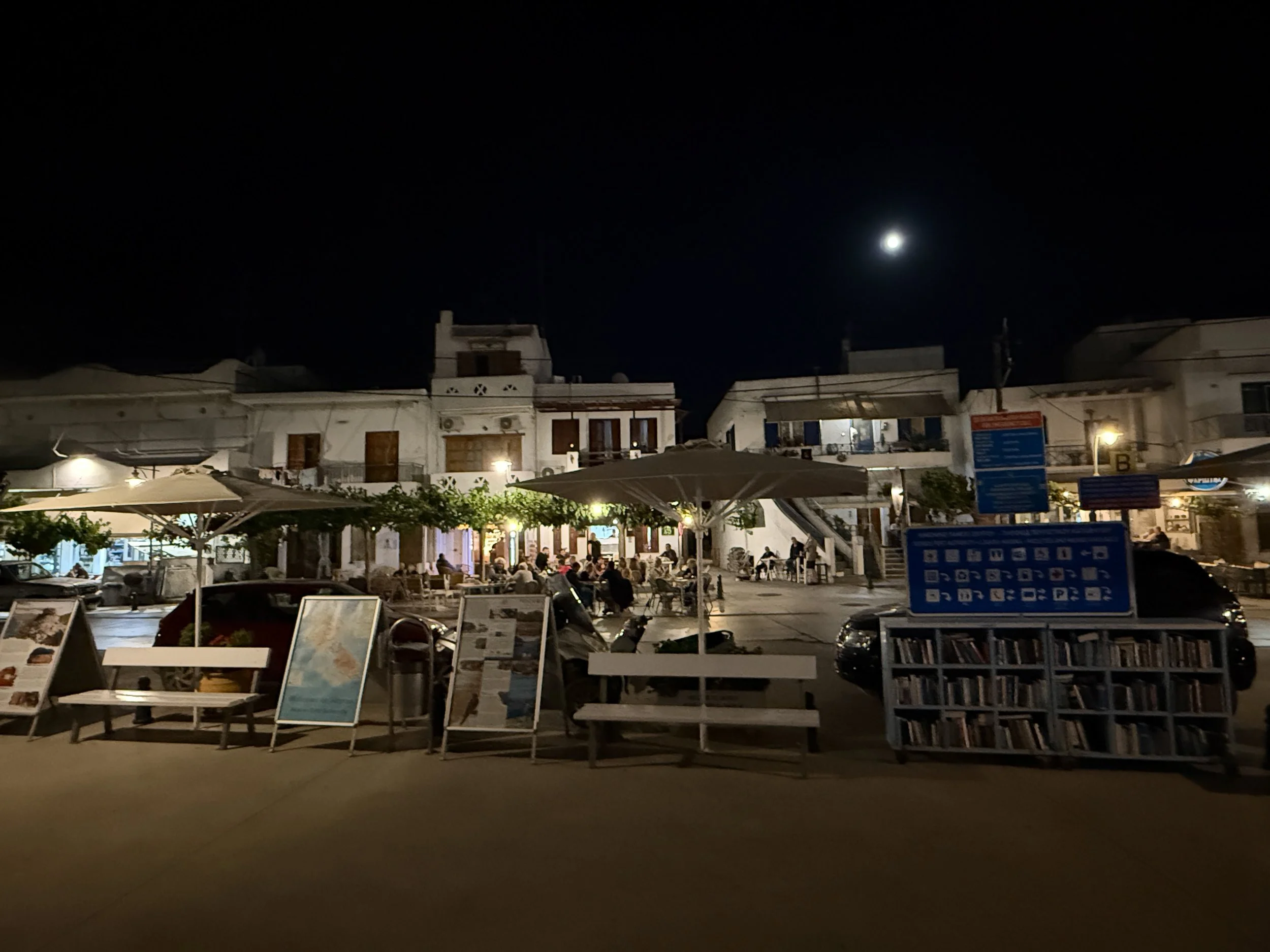 A library and restaurants at our back step