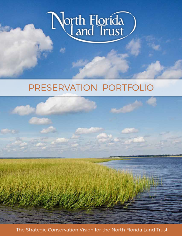 A landscape of a grassy wetland with a body of water on the right, under a blue sky with scattered clouds, featuring the North Florida Land Trust Preservation Portfolio cover.