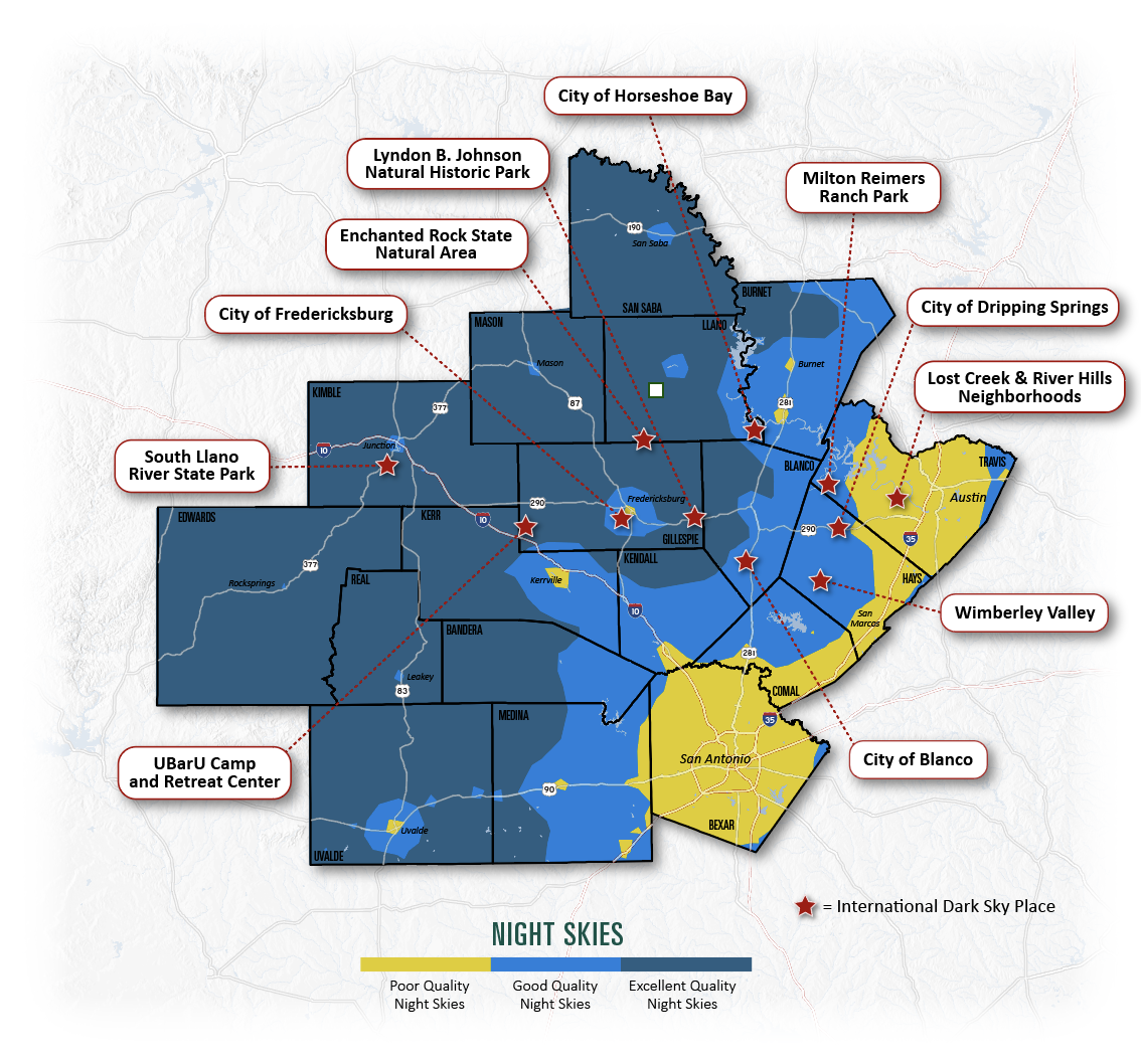 Map of the San Antonio area highlighting night sky quality, with areas marked for parks, neighborhoods, and city zones. Red stars indicate dark sky places.