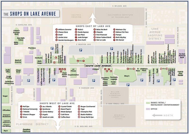 Map of Shops on Lake Avenue in a shopping district, showing various stores, banks, offices, and restaurants with labels and icons. Streets include South Lake Avenue, North Lake Avenue, and surrounding roads.