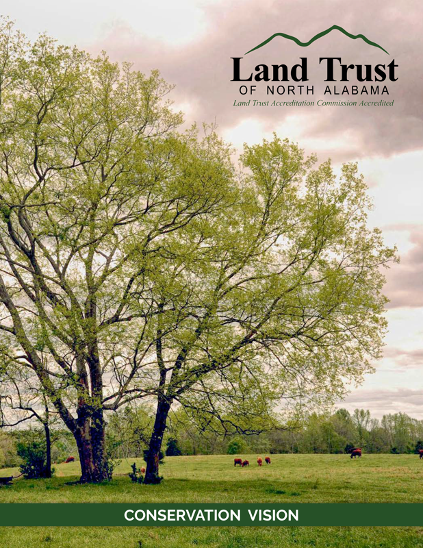 Cover of a brochure for Land Trust of North Alabama featuring a large deciduous tree with green leaves in a grassy field with cattle and a cloudy sky, with the title 'CONSERVATION VISION' at the bottom.
