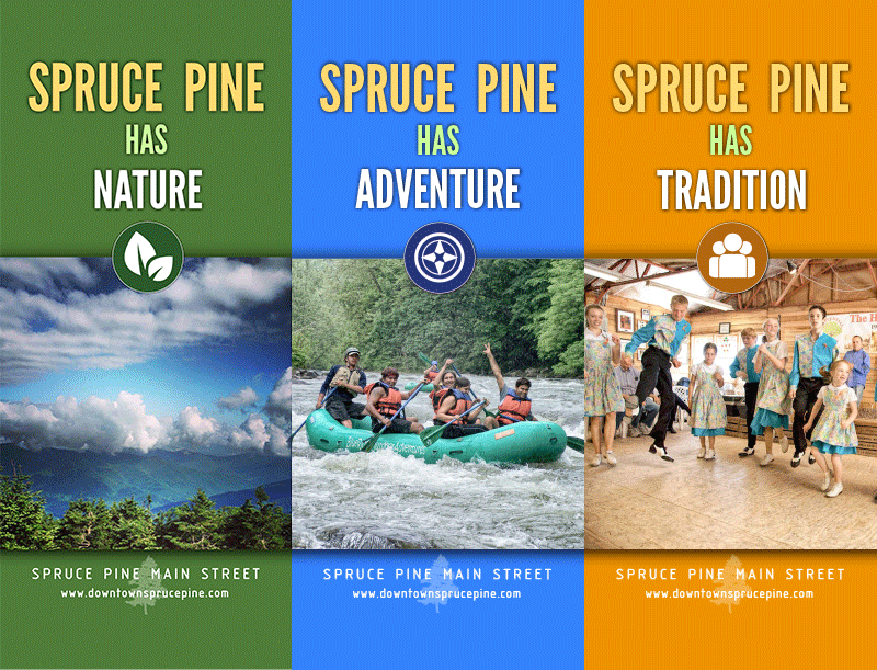 Three promotional banners for Spruce Pine, highlighting its natural beauty, adventure activities, and traditions. The first banner shows a scenic mountain view with what appears to be a forested area. The second features a group of people rafting on 