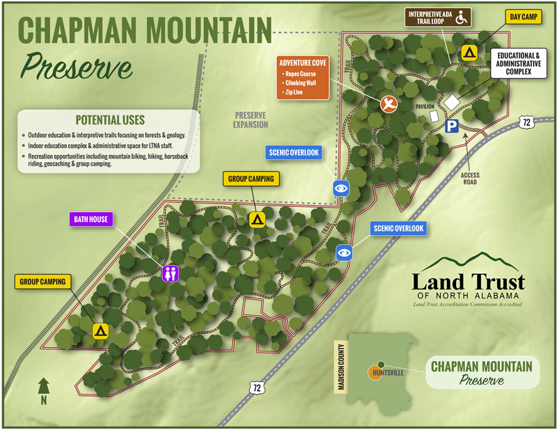 Map of Chapman Mountain Preserve in North Alabama showing trails, camping sites, scenic overlooks, and facilities like a bath house and interpretive trail loop. Land Trust of North Alabama's logo is in the bottom right corner.