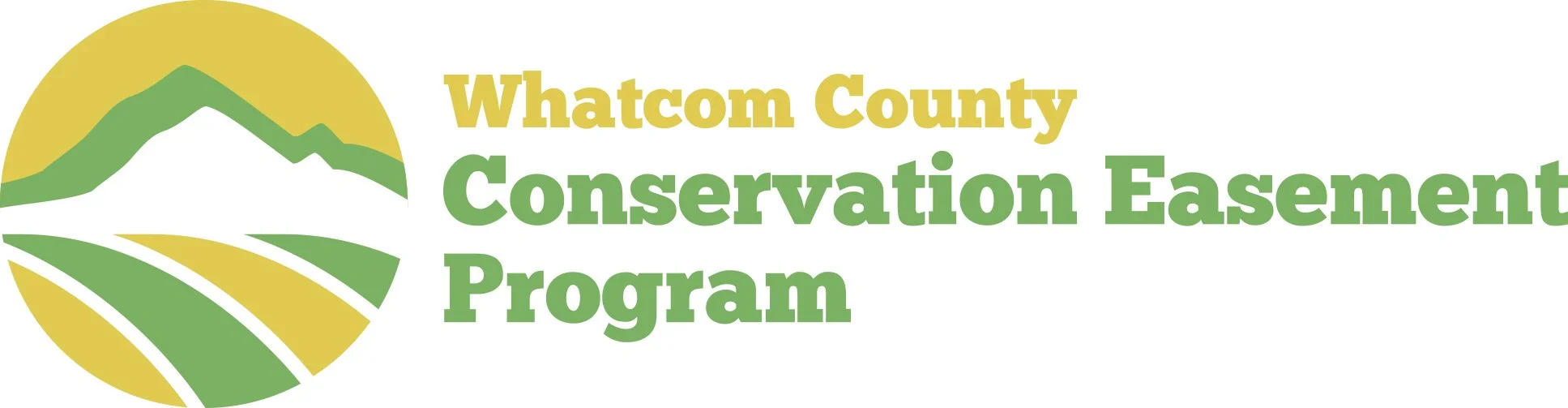 Logo of Whatcom County Conservation Easement Program featuring a stylized mountain, fields, and sun.