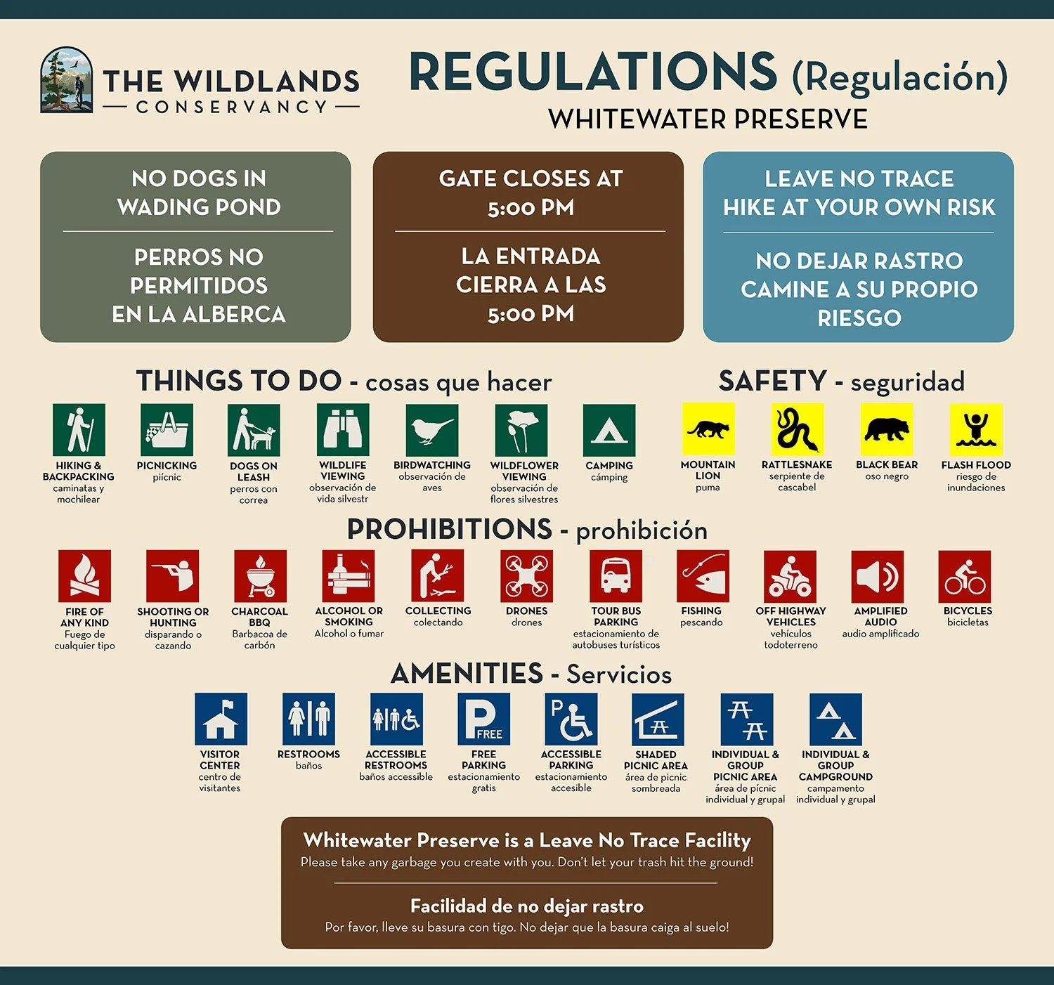 Park regulation sign at The Wildlands Conservancy, with rules about no dogs in wading pond, gate closing at 5:00 PM, leave no trace hiking, list of things to do like hiking, picnicking, wildlife viewing, birdwatching, camping, and safety icons for mo