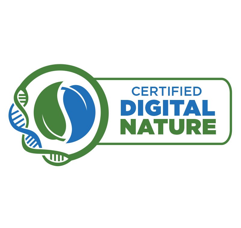 Logo featuring a DNA strand, a leaf, and a globe with the text "Certified Digital Nature" in blue and green.