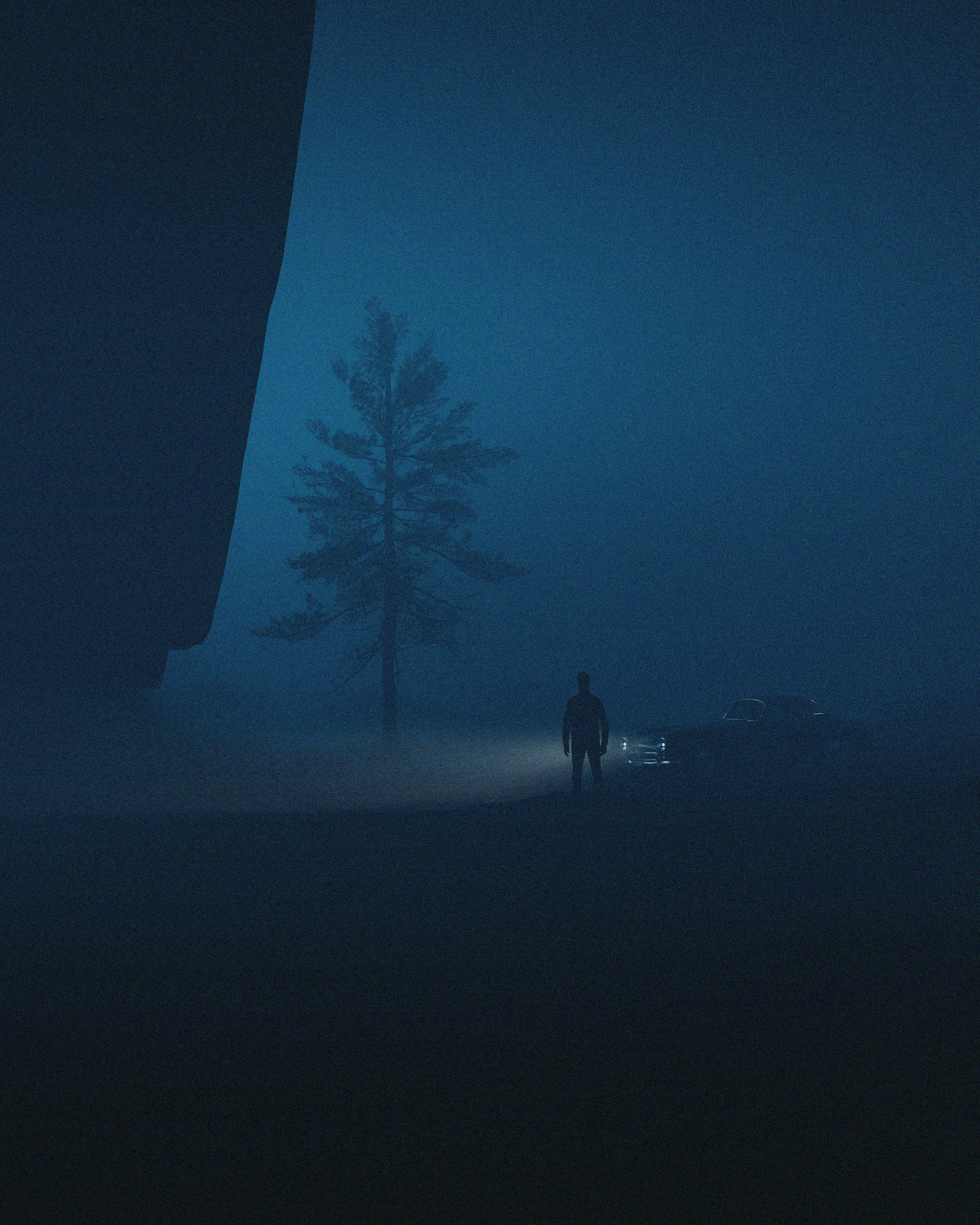 A lone figure stands in a foggy, blue-lit scene beside a tree and a car, conveying a mysterious and eerie atmosphere.