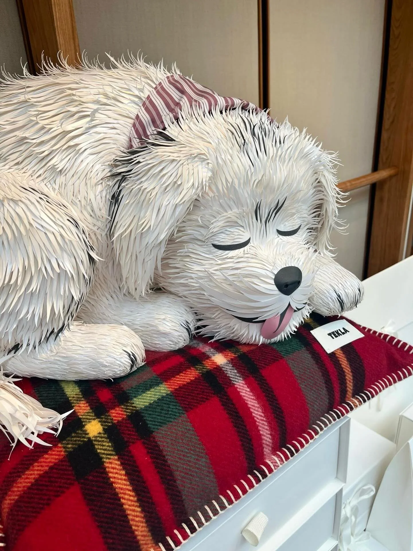 Meet the very gorgeous and very adorable Texas made for @teklafabrics 

This little pooch travelled all the way from Copenhagen to curl up here in London 🐶 

Hand made fully from paper and cardboard ✂️

#paperinstallation #paperanimals #paperdog #te