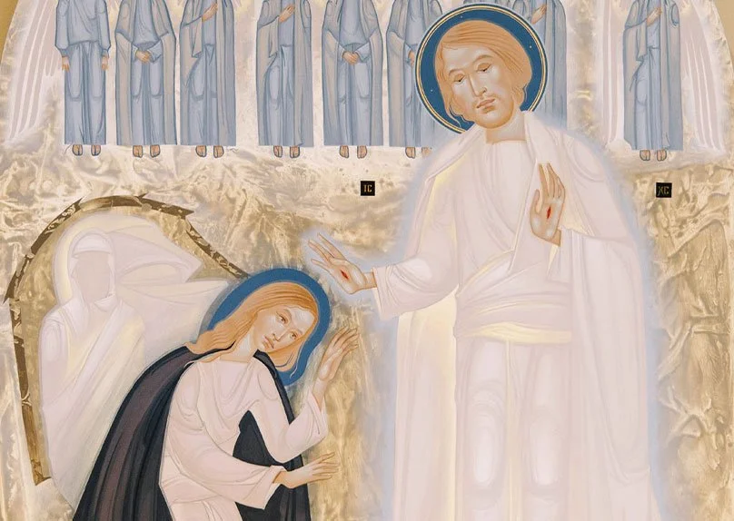 Religious artwork depicting Jesus Christ and the Virgin Mary, with Jesus appearing to bless Mary in a scene of reverence.