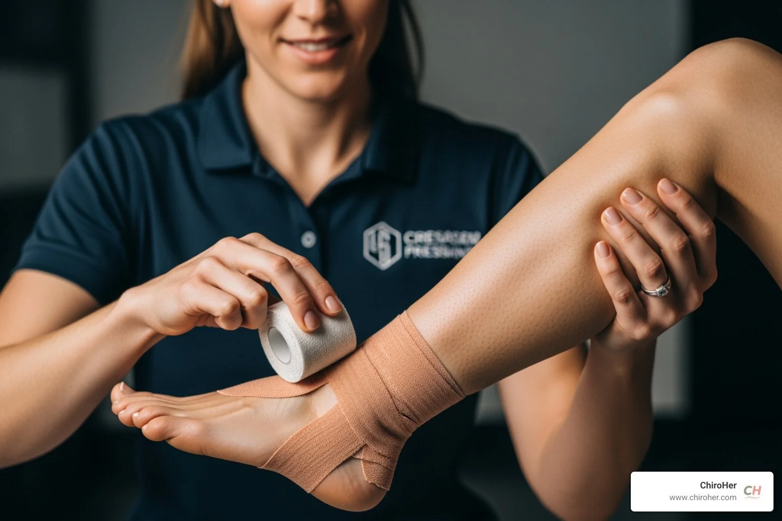 Female chiropractor demonstrating how to prepare the skin for ankle taping, showing a clean, dry ankle with a pre-wrap - ankle support taping techniques